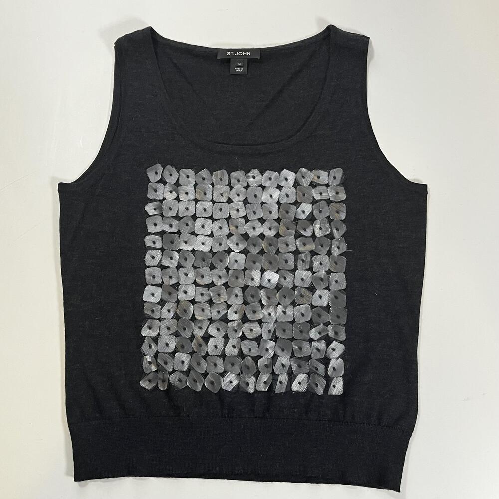 St John Sweater Vest Womens M Gray Sequin Wool Silk Cashmere Knit Tank Top